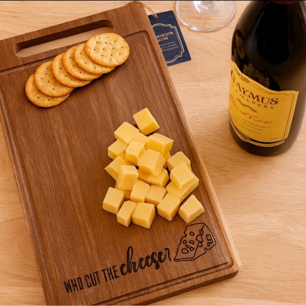 2/$50 Acacia Wood Cutting Board with Handle – “Who Cut the Cheese” (12” x 8”)